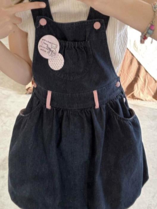 Japanese girl sweet and cute retro high waist  summer new denim strap flower bud fluffy dress female