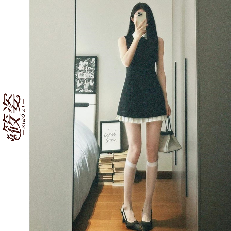 筱姿御姐名媛氣質黑白撞色無袖連衣裙女2023新款洋氣修身顯瘦短裙