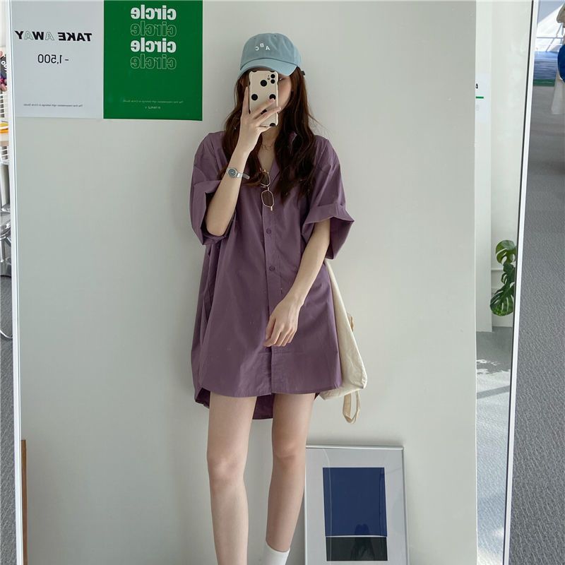 Purple short sleeve shirt women's design feeling retro Hong Kong flavor new summer long shirt loose clothes Japanese