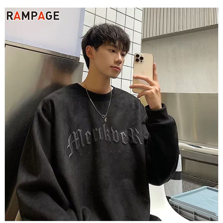 Suede round neck sweater men's spring and autumn new trend tide brand ins high street American retro spring clothes men