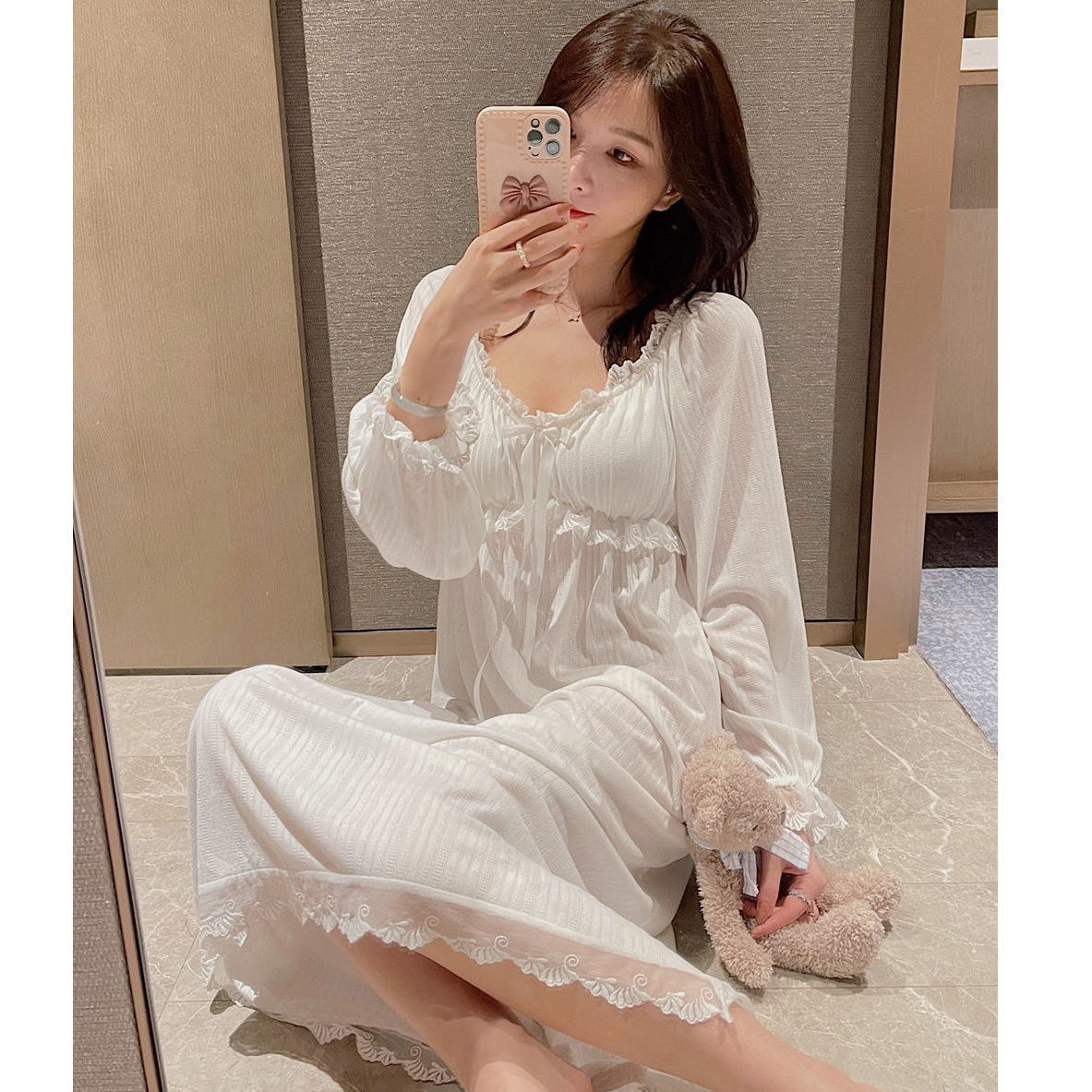 Modal nightdress long section ladies large size loose sexy spring and autumn pajamas fat MM with chest pad home service winter