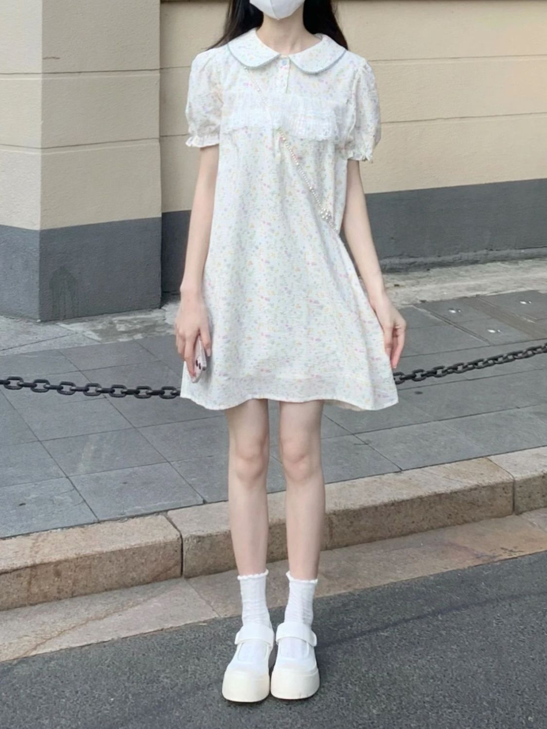  Summer New Small Fresh Doll Collar Floral Dress Female Loose Sweet Puff Sleeve Short Skirt