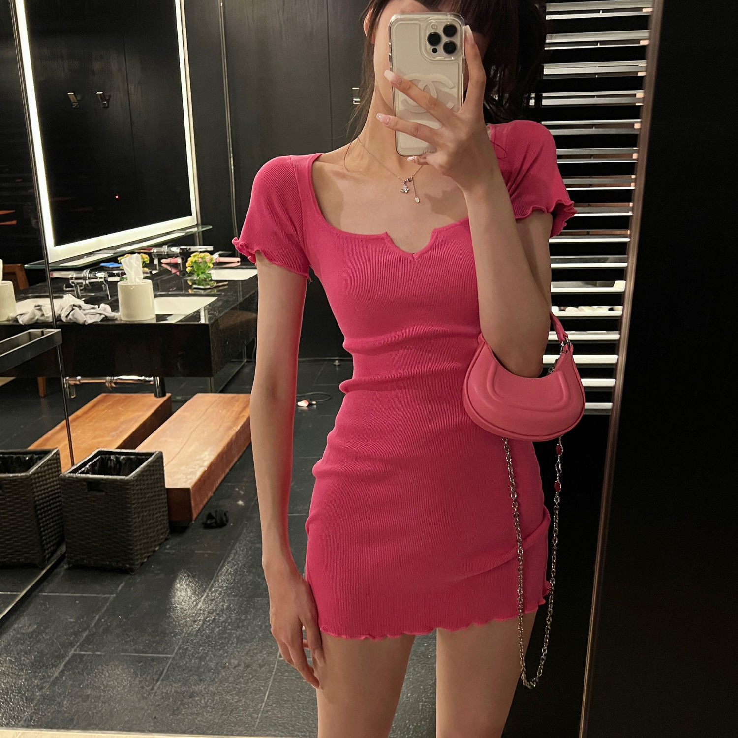2022 pure desire style fashion low-neck knitted rose red dress women's summer self-cultivation pure desire design sense package hip short skirt