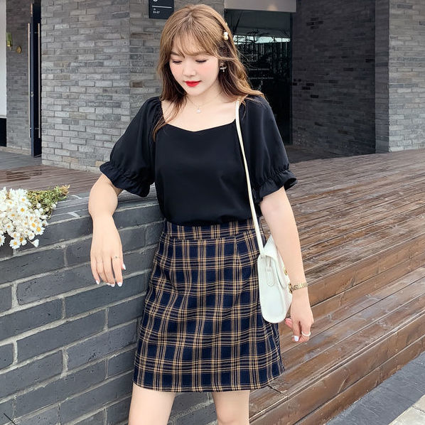大碼女裝2022夏新款短袖t恤女半身裙套裝寬鬆胖mm上衣方領荷葉袖