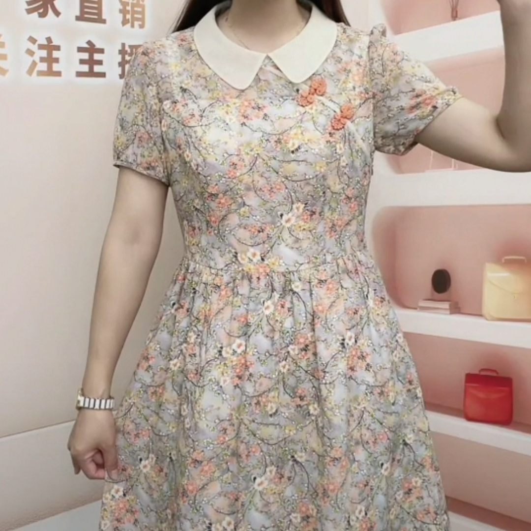 High-end georgette improved cheongsam dress 2023 new women's clothing summer doll collar foreign style slim floral skirt