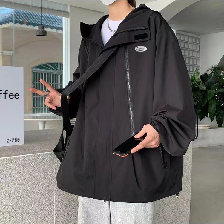 美式連帽衝鋒衣外套男女寬鬆潮流潮牌戶外防水防風工裝夾克情侶衣