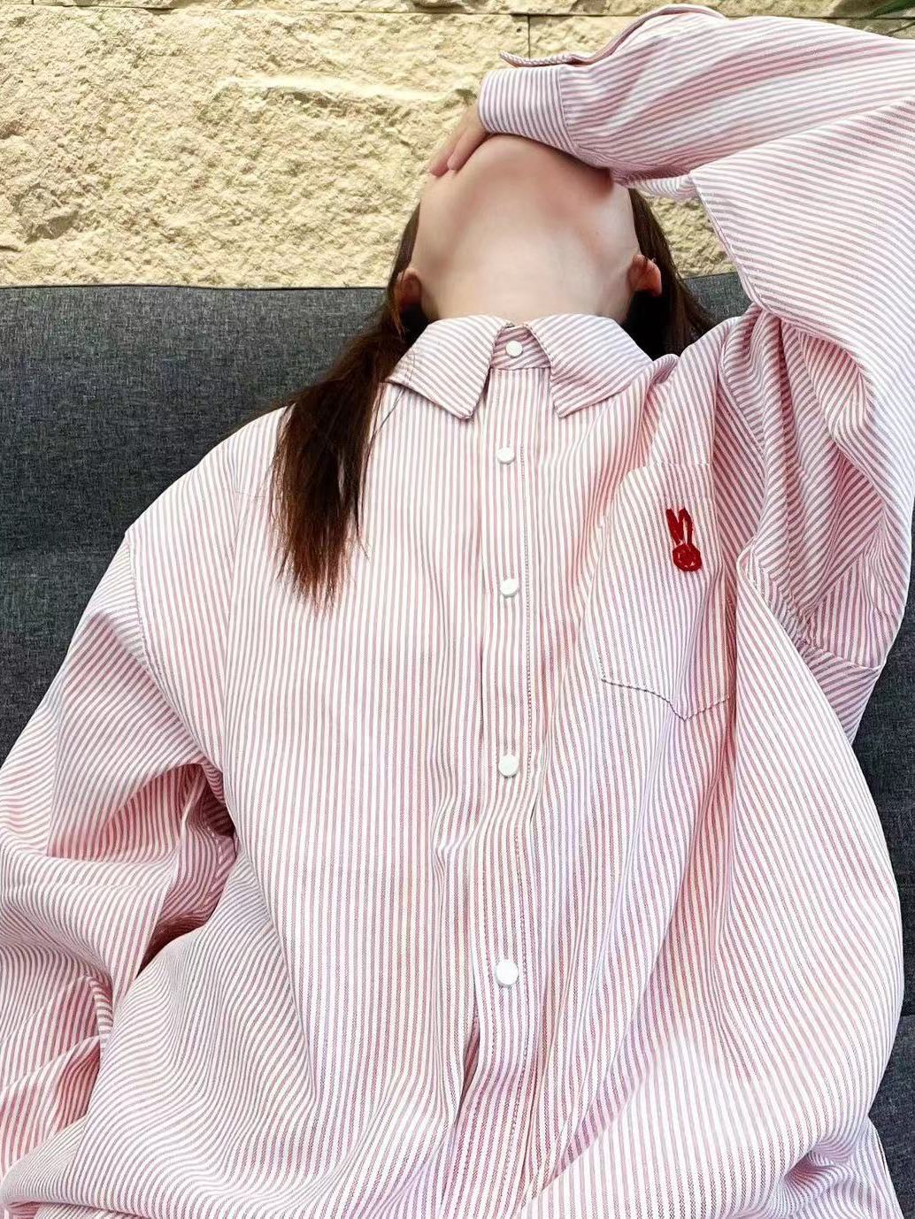 2023新款韓系刺繡粉色條紋襯衫女寬鬆百搭顯瘦襯衣外穿開衫ins潮