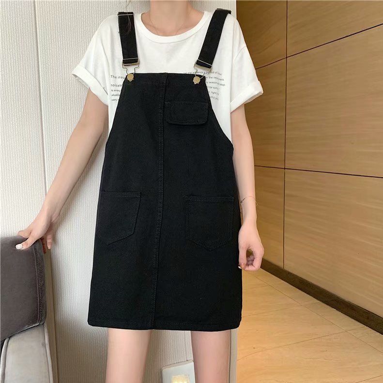 夏季新款大碼胖妹妹寬鬆顯瘦黑色牛仔背帶裙女學生背帶連衣裙短裙