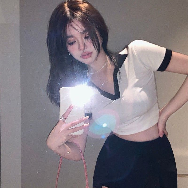 Tops with short skirts Ladies Hong Kong style polo collar fashion short tight T-shirt summer V-neck high waist showing chest tops