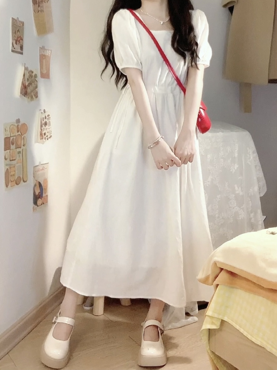 Sweet preppy style drawstring first love little white skirt Korean version super fairy slim puff sleeves square neck dress female students