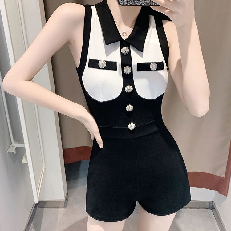 2023 summer new European and American fashion all-match black and white color contrast stitching lapel long-sleeved slim jumpsuit shorts trendy women