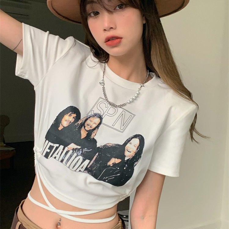 Tops worn with skirts Female students American style high-waisted navel short-sleeved T-shirts Summer hot girls retro wear