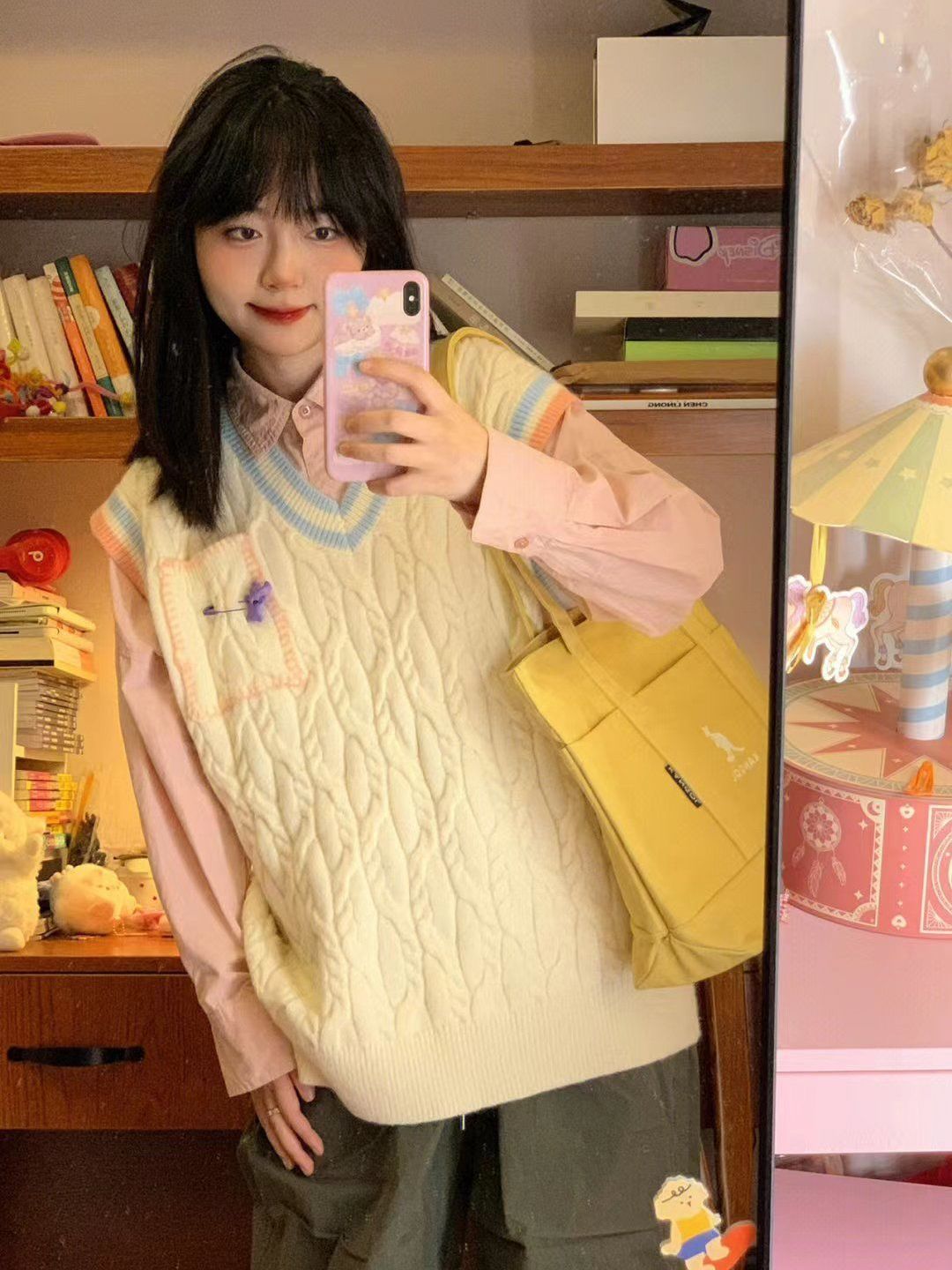 Two-piece suit Japanese style lazy style contrast color layered vest vest knit sweater female student + pink shirt