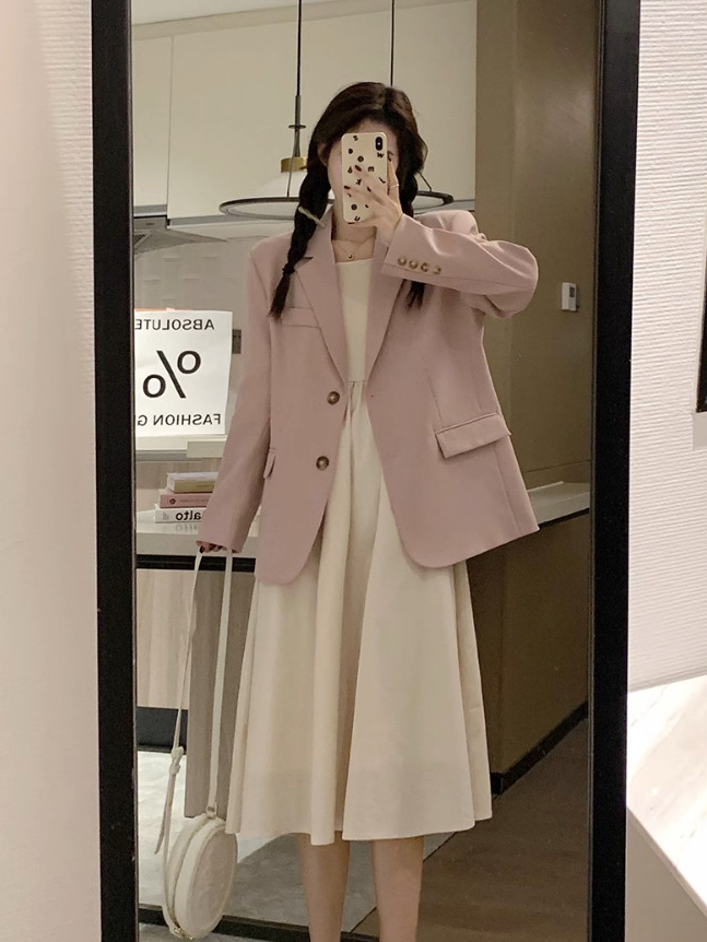 粉色西裝外套女春秋新款韓系休閒寬鬆百搭設計感炸街網紅西服女潮