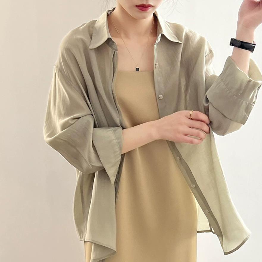 女士天絲防曬襯衫女長袖夏季2023新款綠色襯衣女款紗薄款時尚上衣
