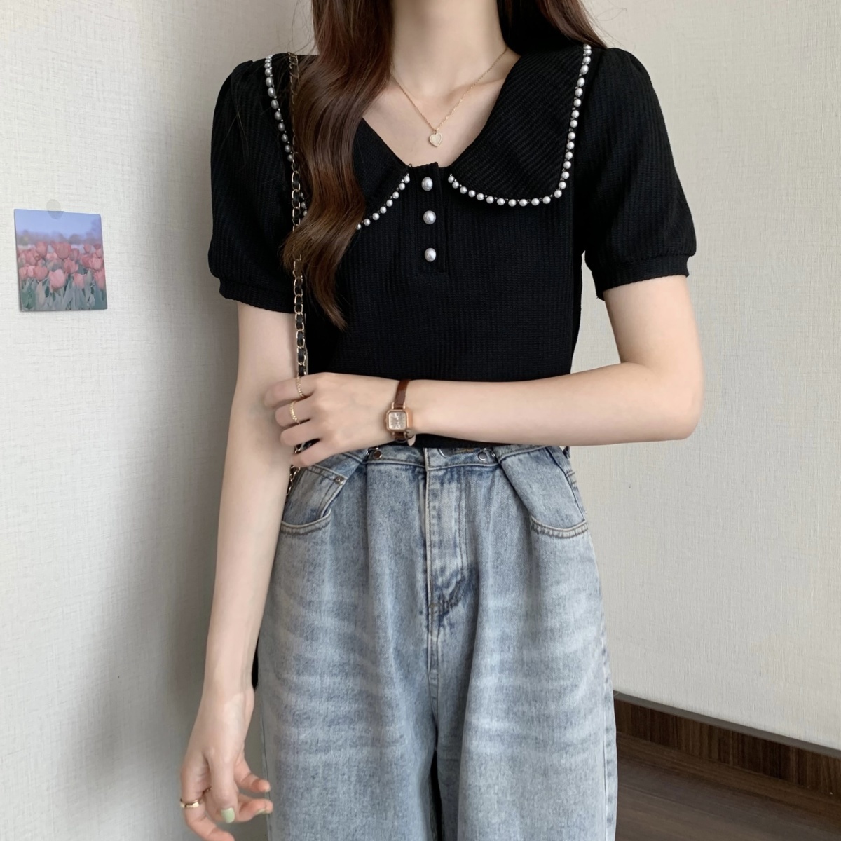 Large size women's French doll collar beaded short-sleeved T-shirt women's summer fat sister design sense of self-cultivation short top