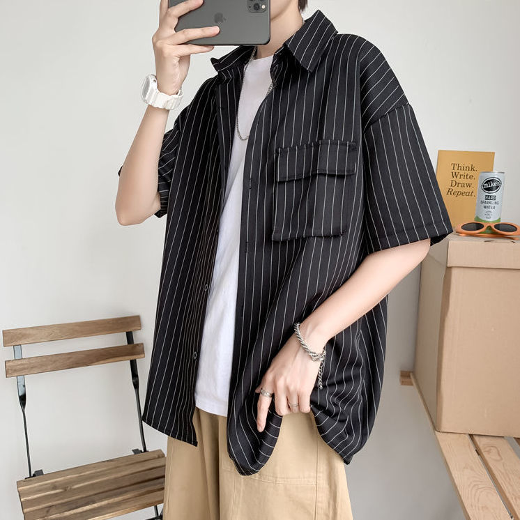 Hong Kong style Japanese retro striped short-sleeved shirt male student Korean version trendy loose five-quarter sleeve Harajuku style shirt tide