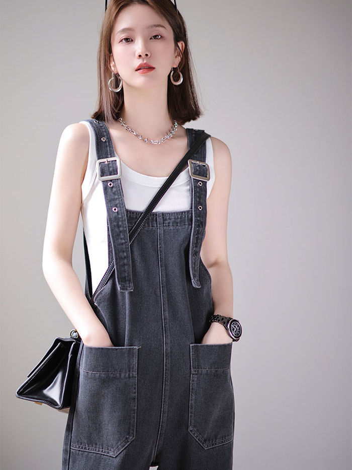 Hong Kong-style retro denim overalls female summer student high waist straight loose loose slimming age-reducing wide-leg jumpsuit