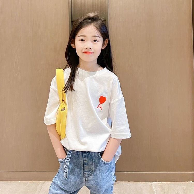 Children's cotton short-sleeved T-shirt  summer new Korean version of the big children's foreign style girls' loose embroidery clothes