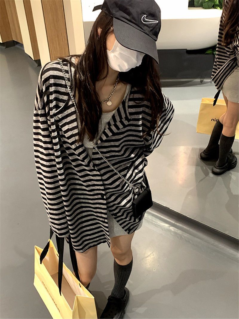  autumn new all-match striped shirt women's round neck T-shirt college style bf lazy style retro cardigan top