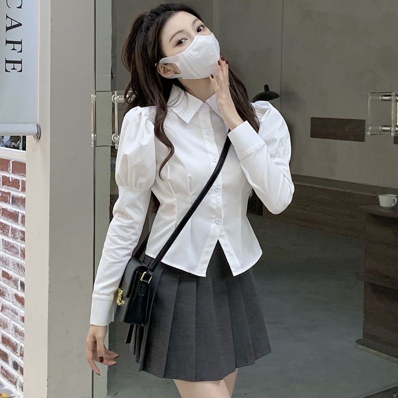 White shirt women's design sense niche spring clothes  new French style waist slimming temperament short long-sleeved top