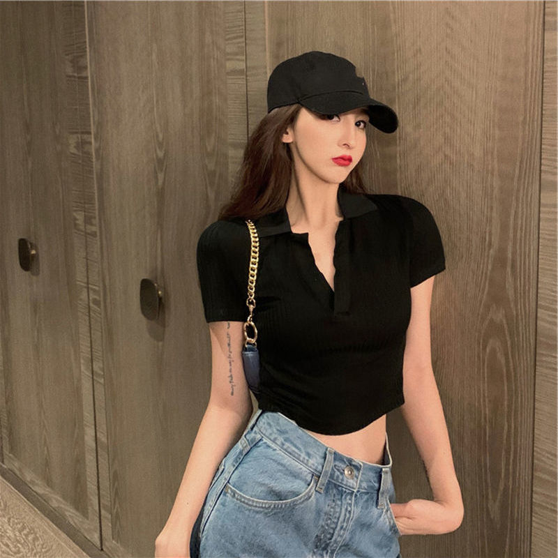Summer Hong Kong style short top ladies V-neck design exposed navel black tight polo shirt high waist short-sleeved t-shirt trendy