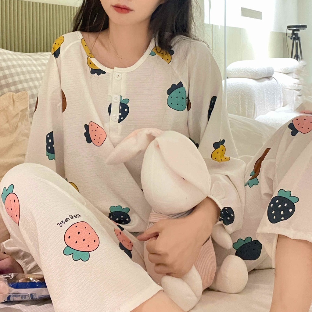 春秋季睡衣女薄款純棉長袖彩色草莓圓領軟綿綿紗布寬鬆家居服套裝