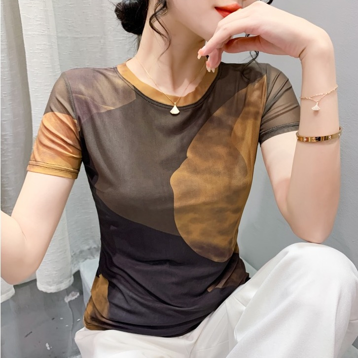 歐貨夏季復古印花網紗冰絲短袖t恤女修身洋氣百搭別致打底上衣ins