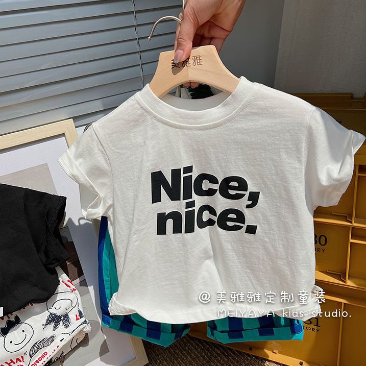 夏季儿童t恤男宝宝夏装短袖薄款纯棉字母儿童女童洋气韩版上衣