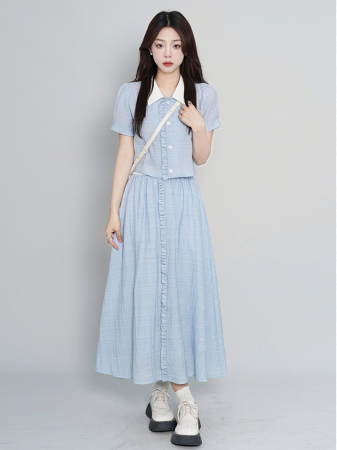 韩系甜美奶乖polo领温柔风时尚蓝色上衣高腰半身裙两件套装女夏季