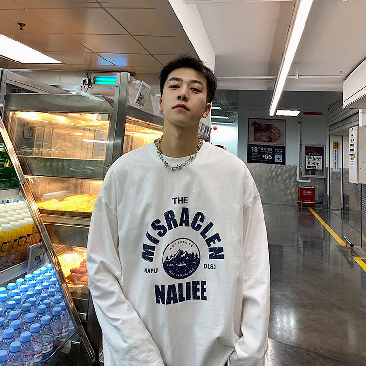 100%純棉長袖t恤男士潮流ins寬鬆百搭體恤上衣服港風秋季打底衫男