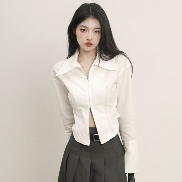 秋季美式長袖白色襯衫女寬鬆外穿百搭短款拉鏈襯衣上衣女洋氣外套