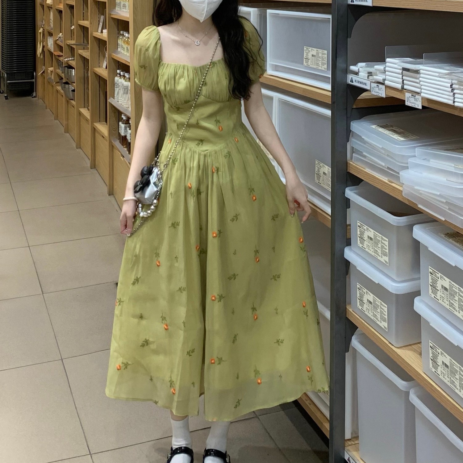Large size French square collar puff sleeve tea break floral embroidery chiffon dress Mori mid-length waist waist A-line skirt
