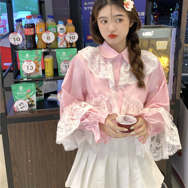 韩系少女春季2023复古甜美蕾丝花边拼接宽松娃娃衬衫+百褶裙套装