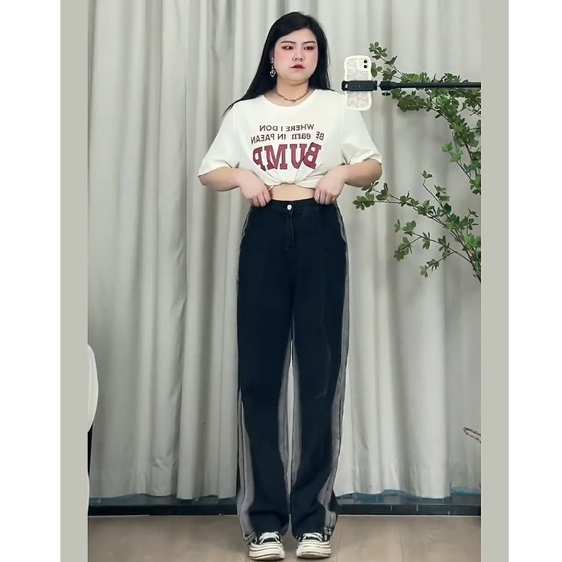 大碼修容牛仔褲子女胖mm顯瘦微胖女生穿搭梨形身材直筒寬鬆拖地褲