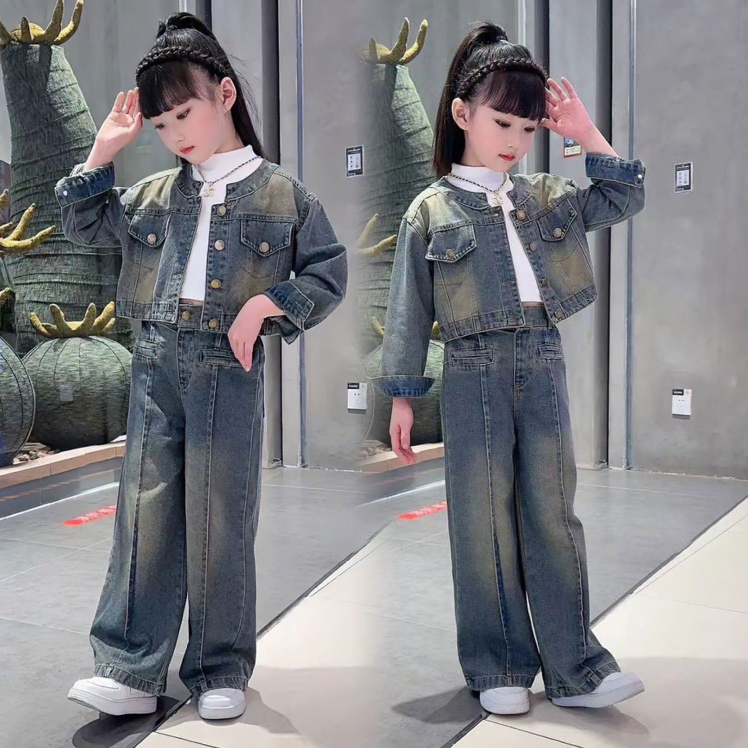 女童裝2023中大童秋季復古港風時髦牛仔套裝兒童寬鬆闊腿褲兩件套