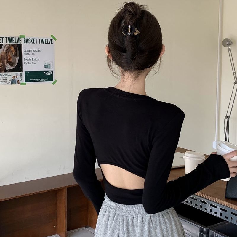 港味辣妹風T恤女早春新款修身短款露臍長袖墊肩內搭打底衫上衣潮