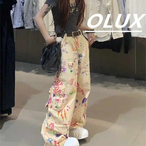 OLUX新款美式塗鴉褲子修身個性ins辣妹工裝褲闊腿耐磨休閒女裝褲