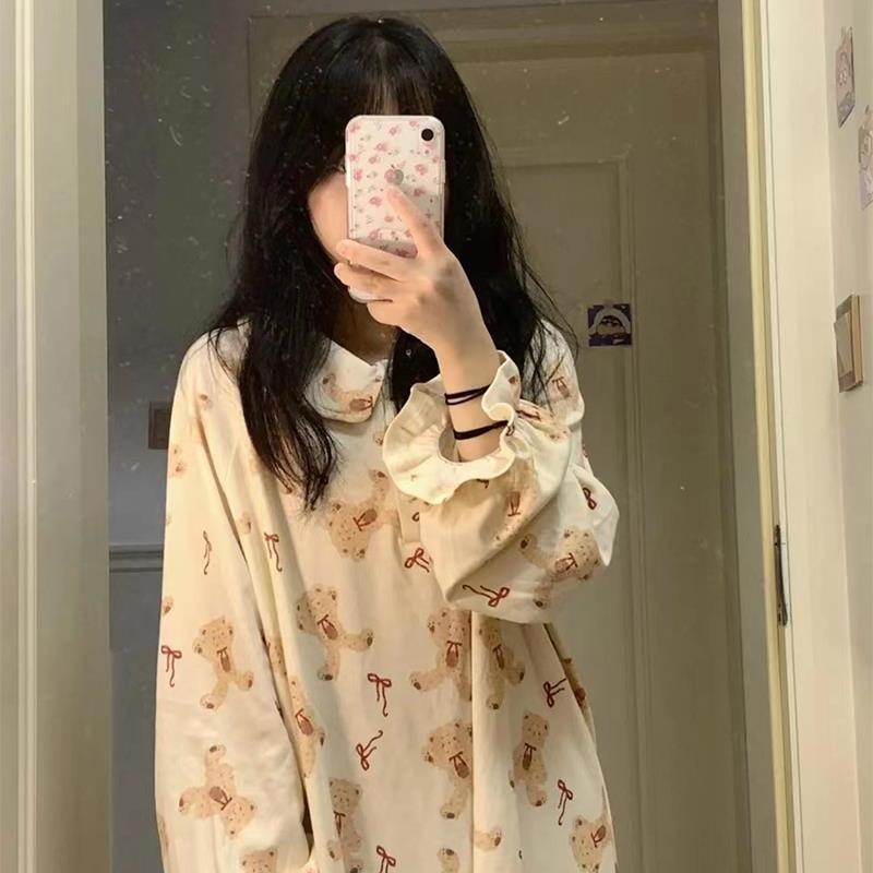 Japanese ins long-sleeved nightdress female spring and autumn new cute bear sweet student loose home service dress