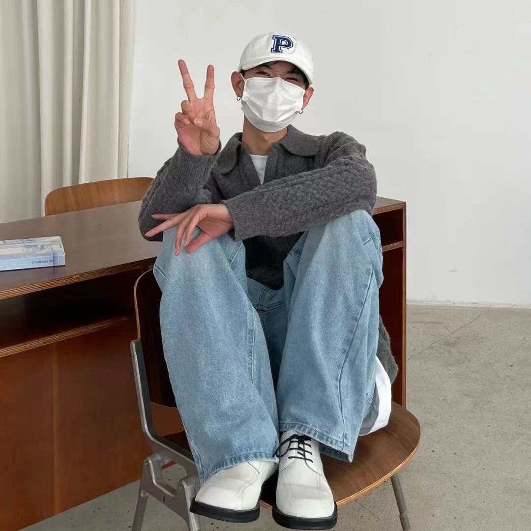 港風牛仔褲2023新款男復古潮牌美式寬鬆顯瘦直筒闊腿休閒墜感長褲