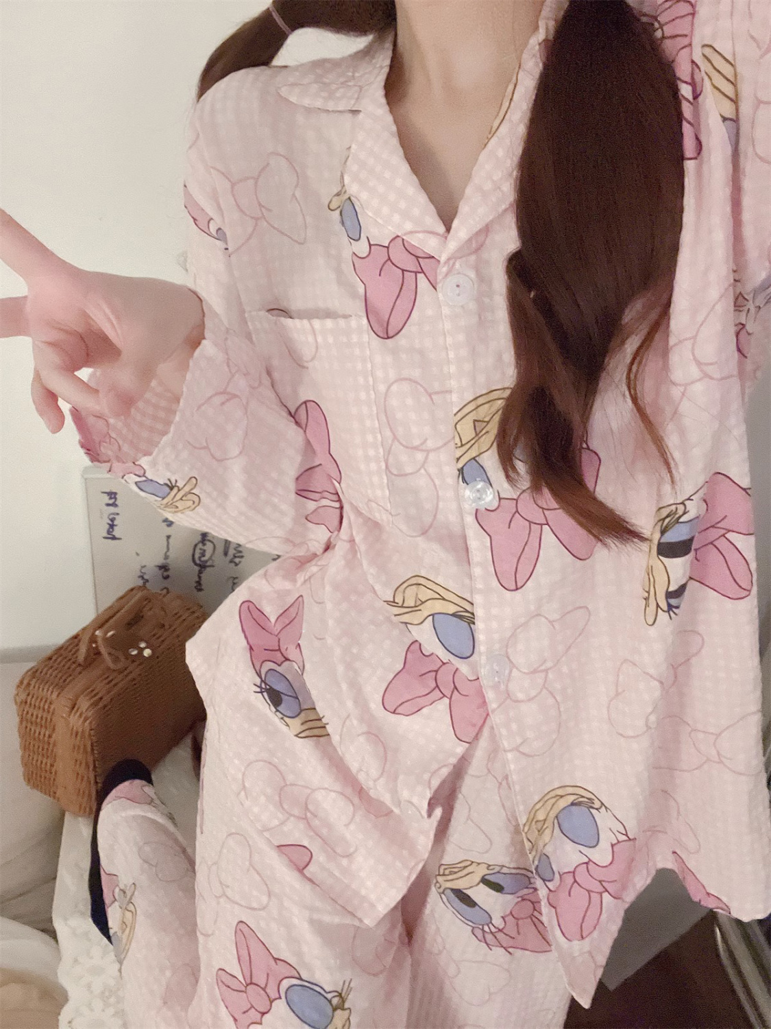 可愛迪士尼黛絲睡衣女春秋新款日系卡通長袖長褲可外穿居家服套裝
