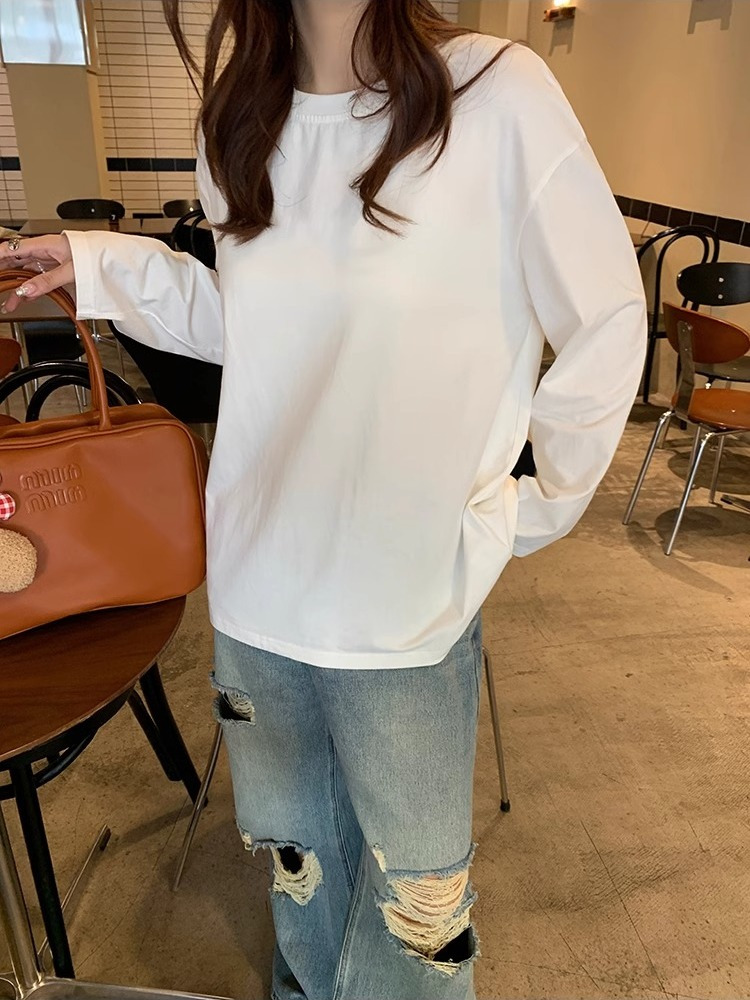 中長款百搭長袖T恤女寬鬆純棉2023秋冬季打底衫內搭外穿上衣純白t