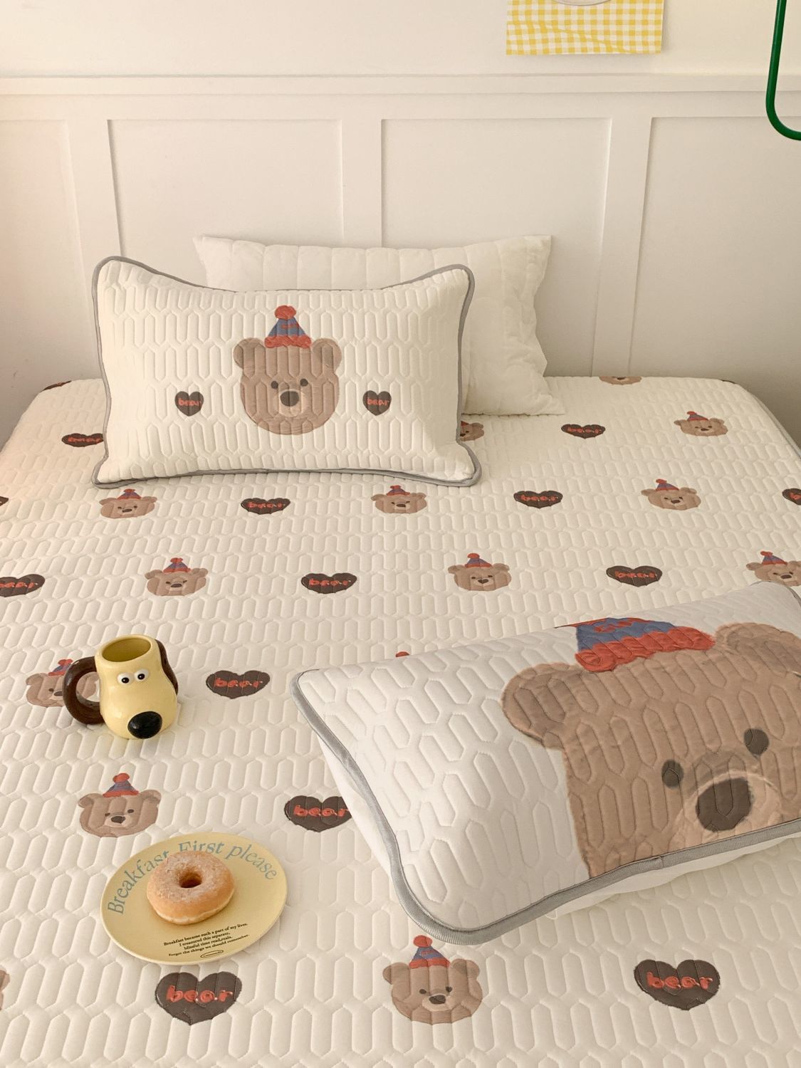 Ins Summer Love Bear Ice Silk Latex Soft Mat Three-piece Set Fitted Sheet Air Conditioning Cool Silk Mat Washable