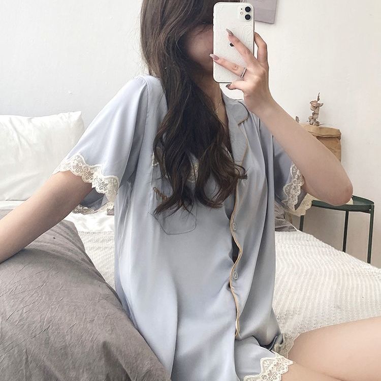 Ice silk pajamas women's summer short-sleeved thin section ins style new fashion simulation silk home service suit can be worn outside