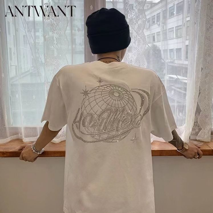 ANTWANNT超火燙鑽短袖T恤男女個性潮流寬鬆純棉情侶上衣oversize