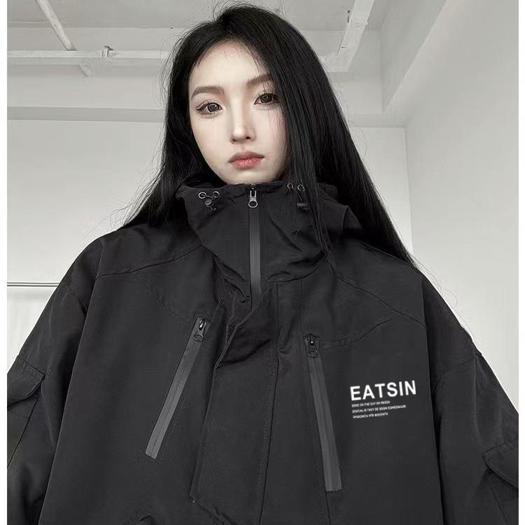 美式ins連帽衝鋒衣外套男女寬鬆潮牌戶外防水防風工裝夾克情侶衣