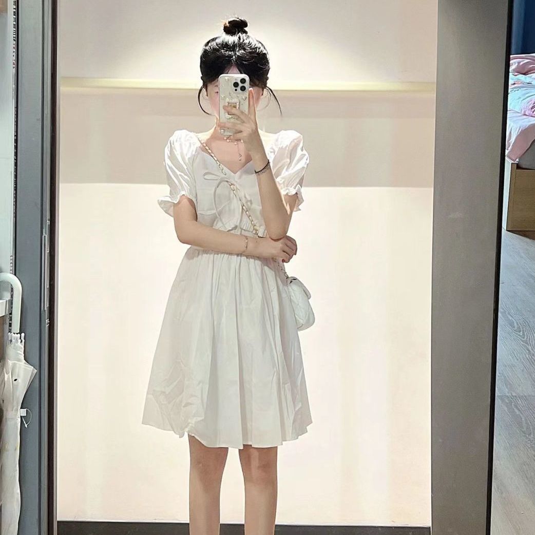 French design puff sleeves square collar white dress female student summer Korean version waist slimming a-line skirt