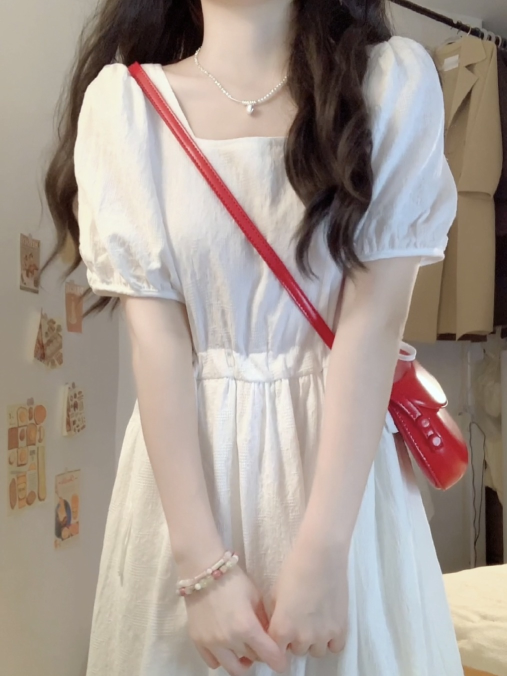 Sweet preppy style drawstring first love little white skirt Korean version super fairy slim puff sleeves square neck dress female students