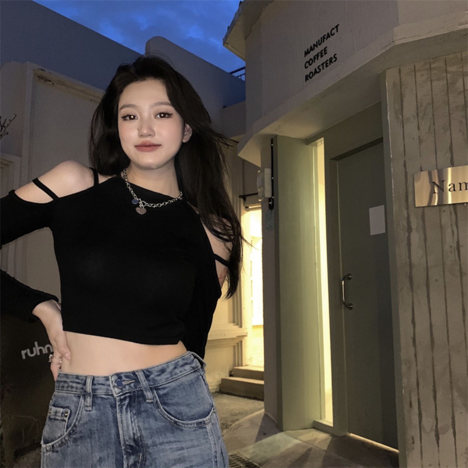 Hyuna style hot girl tight strapless t-shirt feminine western style short long-sleeved top spring and autumn outerwear bottoming shirt