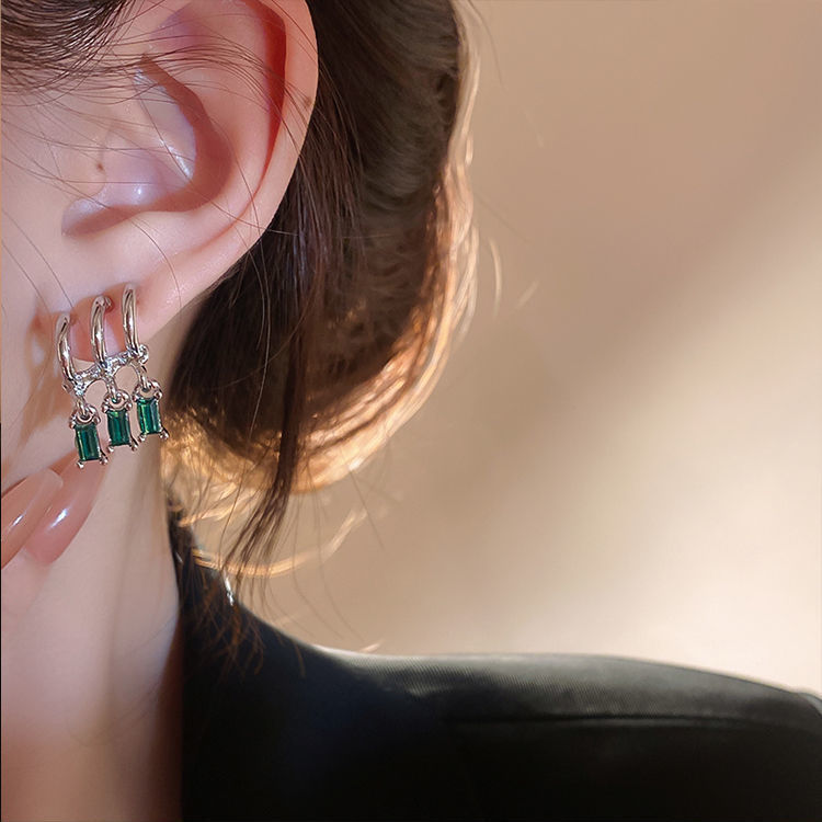 祖母绿镶钻C形三层耳钉女小众设计感耳环高级感简约时尚气质耳饰